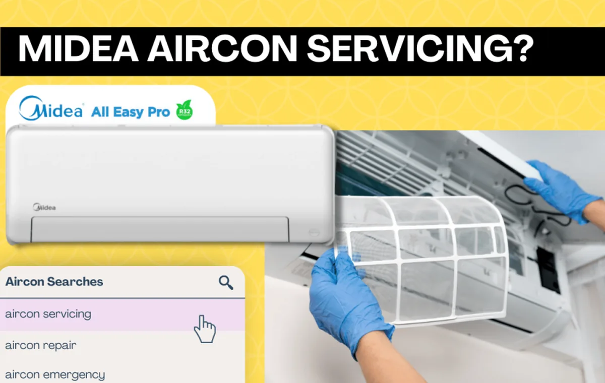 Air conditioner service guide graphic with an indoor unit and filter cleaning scene